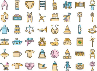 Toy baby items icon set. Outline set of toy baby items vector icons thin line color flat on white