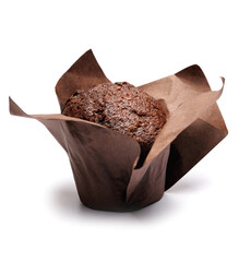 Chocolate muffin isolated on white background . Muffin with chocolate chips. - obrazy, fototapety, plakaty