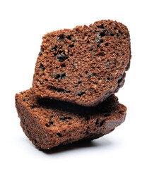 Chocolate muffin cut in half isolated on a white background. Chocolate chip muffin.