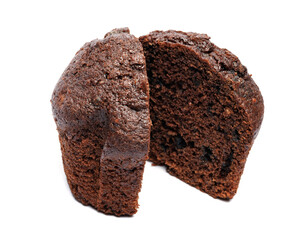 Chocolate muffin cut in half isolated on a white background. Chocolate chip muffin.