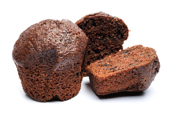 Whole and cut in half chocolate muffin isolated on white background. Chocolate chip muffin.