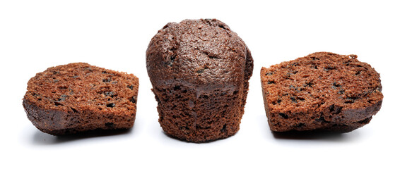 Whole and cut in half chocolate muffin isolated on white background. Chocolate chip muffin.