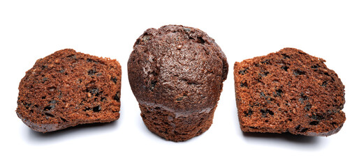 Whole and cut in half chocolate muffin isolated on white background. Chocolate chip muffin.