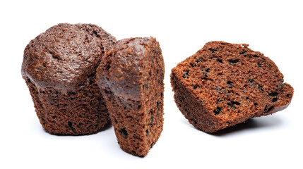 Whole and cut in half chocolate muffin isolated on white background. Chocolate chip muffin.