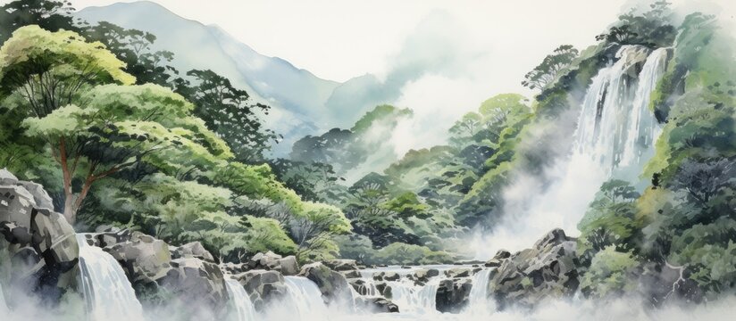 A watercolor painting of a waterfall in Tottori Prefecture s scenic rain scenery