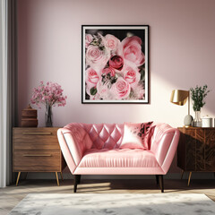 Modern interior: chair and rose on cabinet posters.