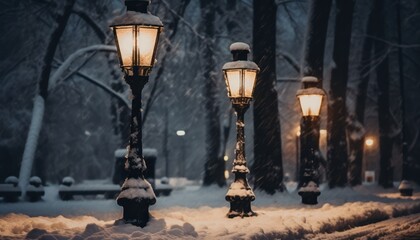 Fototapeta na wymiar Photo of Glowing Winter Lights Illuminating the Snowy Landscape