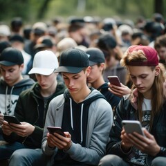 a group of people sitting on a bench looking at their phones