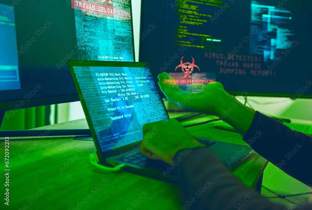 Poster Cybersecurity, crime and hands of hacker with virus in neon office with code, fraud and danger. Software, ransomware and web programmer on cyber attack, password thief coding online scam and hacking.