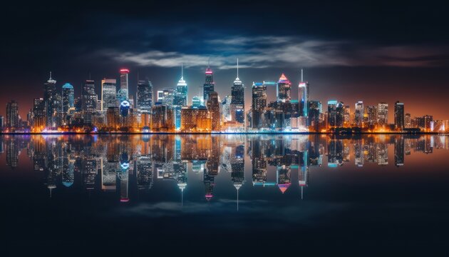 Photo of a Captivating City Skyline Reflecting on a Tranquil Waterscape