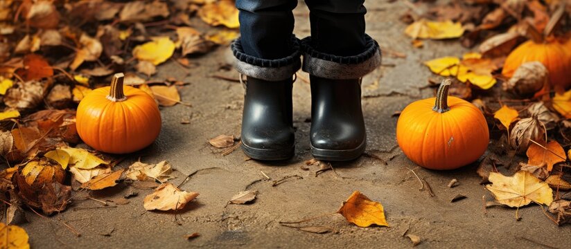 Image of a small pumpkin with boots symbolizing the concept of autumn and fall with the photo slightly trimmed