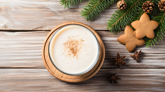 Spiced Christmas eggnog. Above view on a serving boat