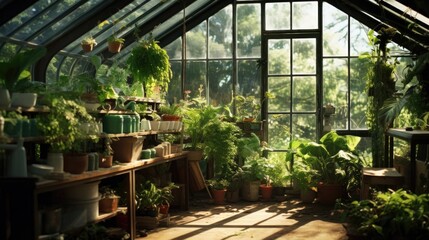 Lush plants thriving in sunlight inside a botanical greenhouse. Horticulture and botany.