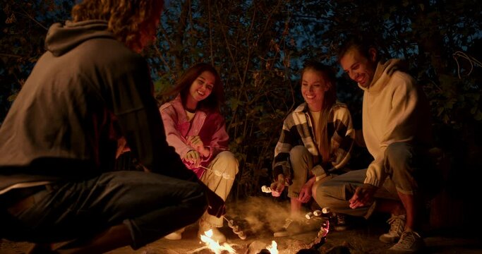 A company of two boys and two girls are roasting marshmallows on a bonfire. A party outside the city. Rest in the country house