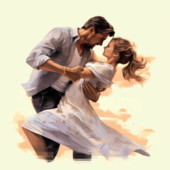 Illustration painting of dancing romantic couple 