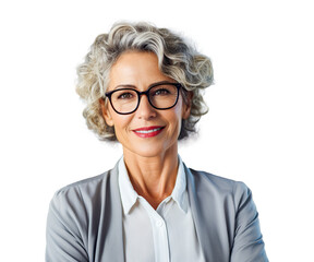Fototapeta premium Portrait of smiling senior businesswoman in glasses on white