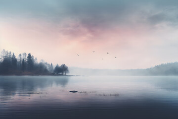 Obraz premium Foggy sunrise near the lake. Misty lake in the early morning. fog in the morning forest. 