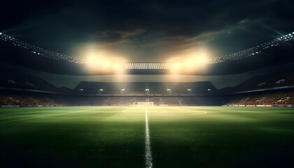 Football stadium, shiny lights, view from field. Soccer concept. football stadium before championship with bright lights. grass field in stadium at night. 