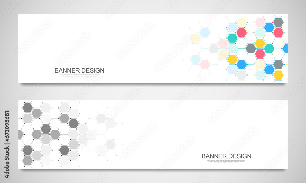Poster banner design templates and headers for site with molecular structures background and chemical engin