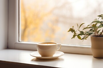 Winter morning brew. Cozy coffee cup by window. Festive aroma. Hot drink in wooden setting on cold day. Autumnal bliss. Wood table in nature embrace with hot beverage