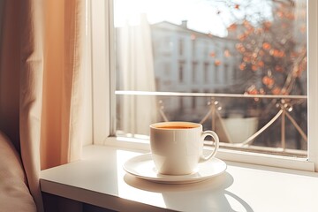 Winter morning brew. Cozy coffee cup by window. Festive aroma. Hot drink in wooden setting on cold day. Autumnal bliss. Wood table in nature embrace with hot beverage