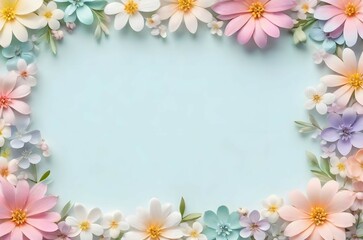 pastel color frame of flowers with copy space in the center. Christmas, New year, Easter, Birthday, Flat lay, top view