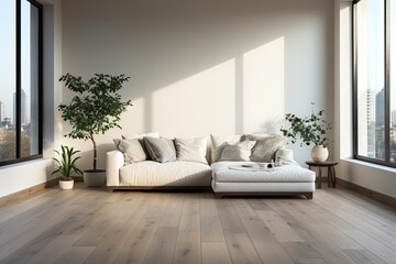 Fototapeta premium Empty modern room with white walls and large windows Minimalist interior design in a luxury apartment The space is clean and contemporary by Generative AI