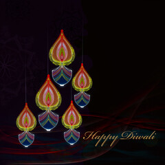 Happy Diwali greetings Artwork in various bright colours and diya lamp in shaded background