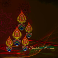 Happy Diwali greetings Artwork in various bright colours and diya lamp in shaded background