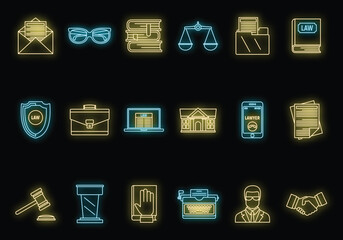 Lawyer justice icons set. Outline set of lawyer justice vector icons neon color on black