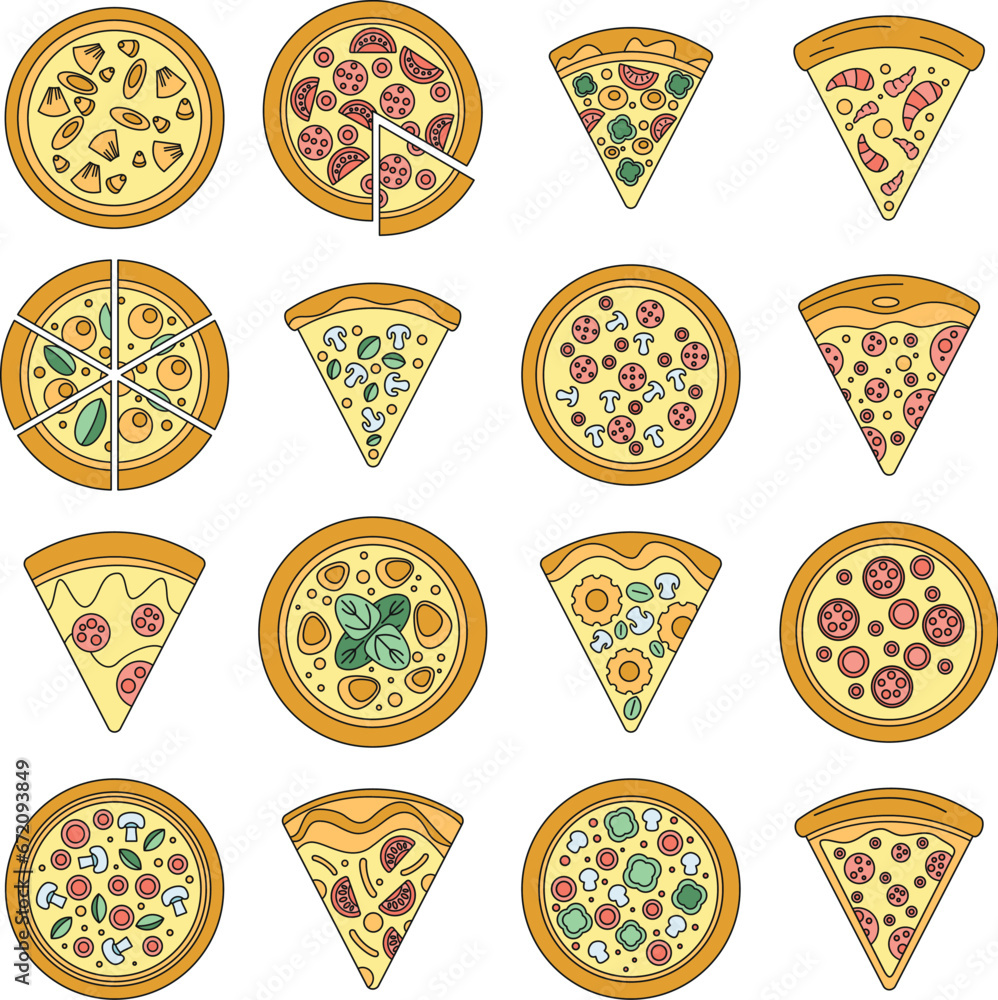 Poster pizza slice icon set. outline set of pizza slice vector icons thin line color flat on white