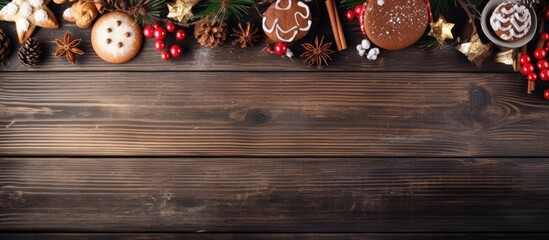 Happy Holidays Enjoy a festive flat lay picture with an atmospheric panoramic view showcasing Christmas oatmeal cookies and decorative ornaments on a rustic wooden table These Xmas cookies a