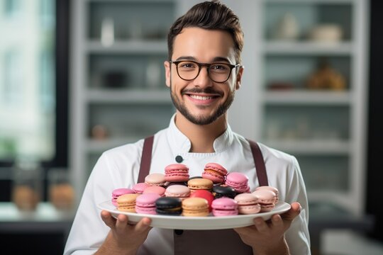 Portrait of a handsome baker joyfully presenting a tray of delicate macarons, Macaron collection, Sweet treats, Culinary pride