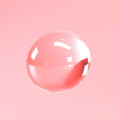 Glass bubble close up on coral background, abstract surreal 3d render.