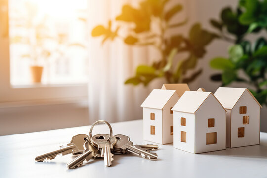 White mini houses model and house keys on table in new apartment. Mortgage, loan approval, home loan and insurance concept - Powered by Adobe