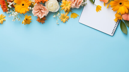 Notebook, flowers, and computer keyboard on blue background.