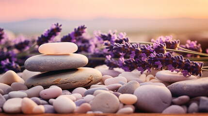 Fototapeta na wymiar Stones and lavenders on wooden desk on background