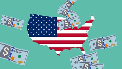 Animation of falling 100 dollar banknotes on the United States map background