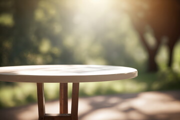 Empty wooden round table for product display with blurred garden background. Ai generative