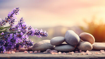 Obraz na płótnie Canvas Stones and lavenders on wooden desk on background