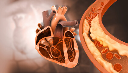 Human heart with Clogged arteries on scientific background. 3d illustration.