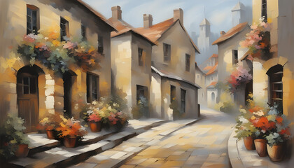 Impressionism art. Old Europe street.