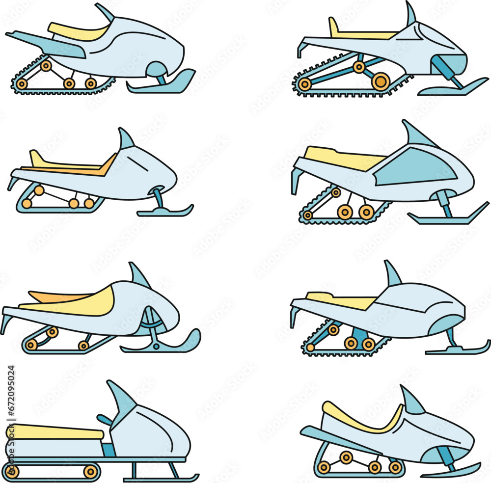Poster mountain snowmobile icon set. outline set of mountain snowmobile vector icons thin line color flat o
