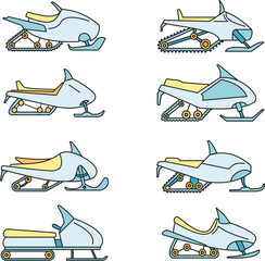 Mountain snowmobile icon set. Outline set of mountain snowmobile vector icons thin line color flat on white