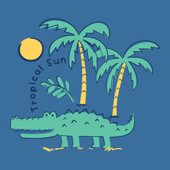 cartoon crocodile tropical island with palm trees