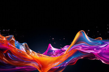 A colorful liquid in a black space, showcasing hyper-realistic details, vibrant pigments, and digital print quality.