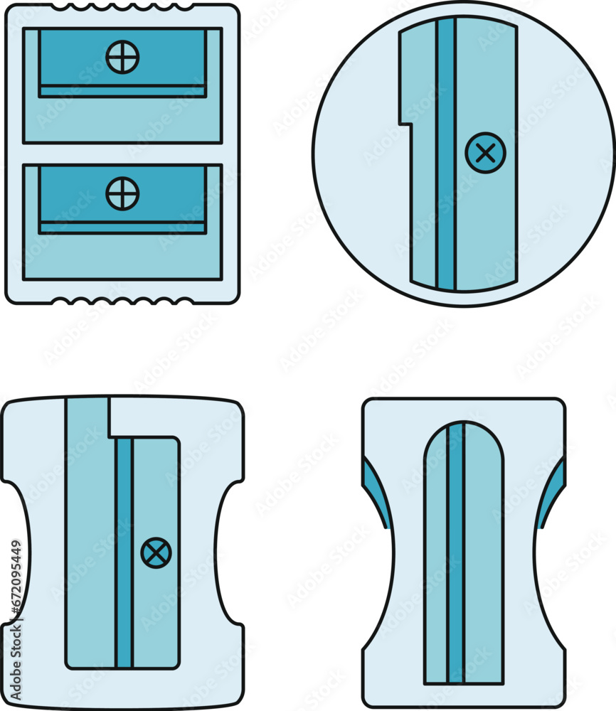 Poster plastic sharpener icon set. outline set of plastic sharpener vector icons thin line color flat on wh