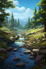 Naklejka na ściany i meble A serene forest creek with digital illustration style, realistic blue skies, and mountainous vistas, creating a peaceful and colorful landscape.