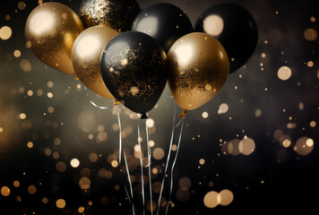Black and gold balloons adorned with shiny dust and lights, creating a festive and glamorous ambiance. - obrazy, fototapety, plakaty