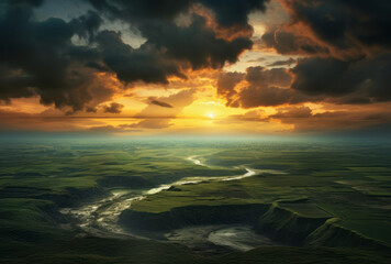 Obraz premium A beautiful artwork featuring a brilliant sunrise over a green field with a winding river, conveying profound and romantic emotions and the vitality of nature.